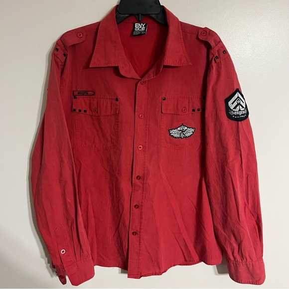 Men’s Enyce Long Sleeve Button Down Shirt Black Studs Patches Size XL Red - Picture 1 of 13